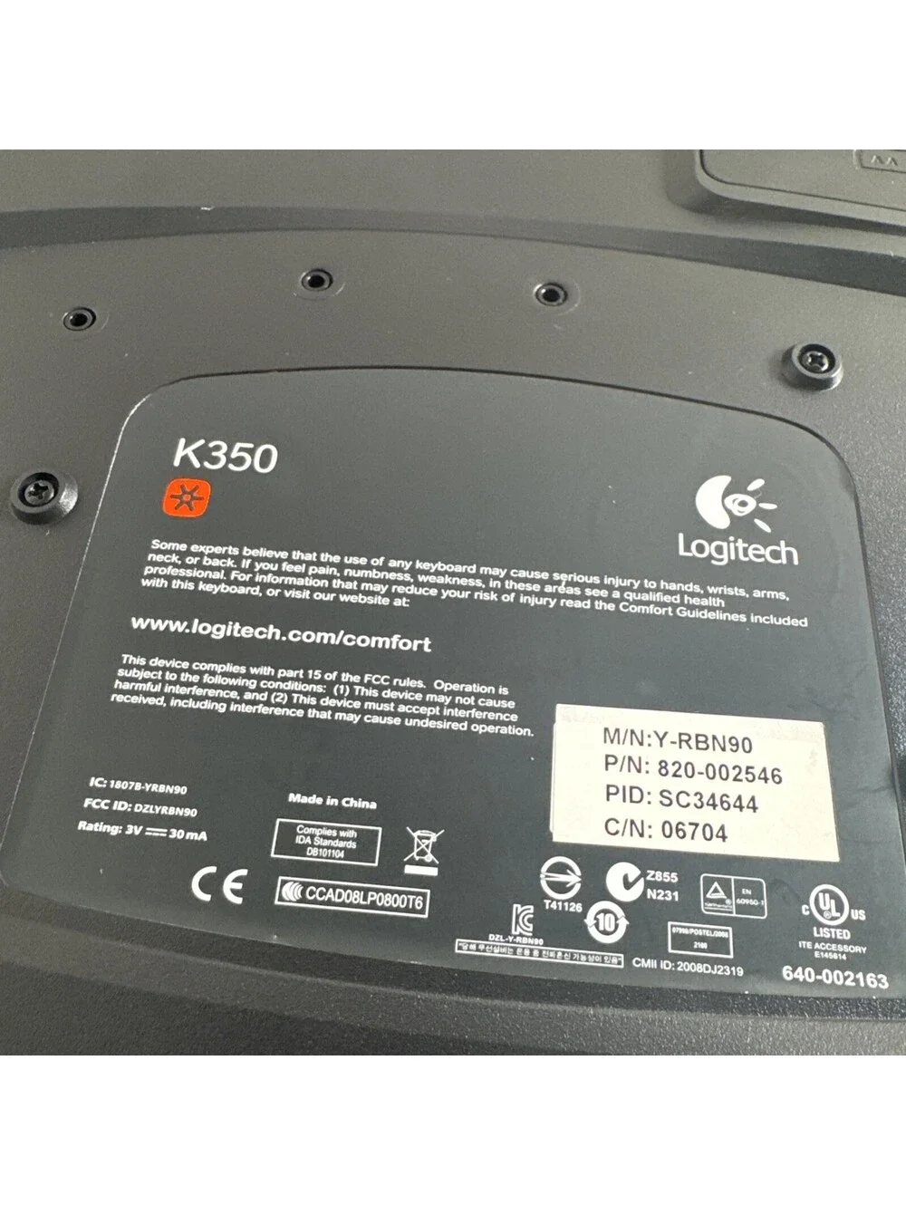 Logitech K350 Wireless Wave Keyboard Ergonomic Design NO DONGLE